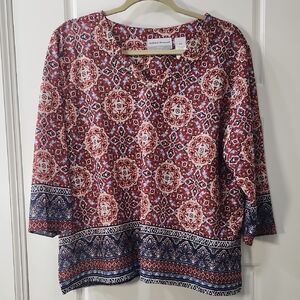 Alfred Dunner Women's Red and Navy Arabesque Burnout Blouse - Petite XL